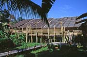 Longhouse. Kulturní vesnice u Kuchingu. Sarawak,  Malajsie.