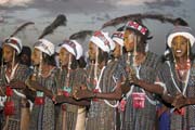 Mu�i z ko�ovn�ho etnika Wodaab� (naz�v�ni t� Bororo) tan�� sv�j tanec kr�sy naz�van� Yaake na sv� slavnosti Gerewol. Niger.