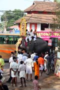Thaipooya Mahotsavam Festival začíná. Přichází první procesí v čele se slonem. Thrissu, Kerala. Indie.