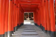 Řada torii ve svatyni Kushida vě městě Fukuoka. Japonsko.