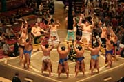 Sumo zápasníci se představují. Tokio. Japonsko.