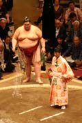Sumo zápasník hází sůl - rituál starý více jak 100 let. Tokio. Japonsko.
