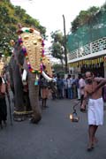 Pakalpooram (proces slon) pokrauje na ulici Durban Hall Rd, Ernakulam Shiva Temple Festival (Ernakulathappan Uthsavam). Ernakulam, Kerala. Indie.