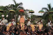 Pakalpooram (procesí slonů), Ernakulam Shiva Temple Festival (Ernakulathappan Uthsavam). Ernakulam, Kerala. Indie.
